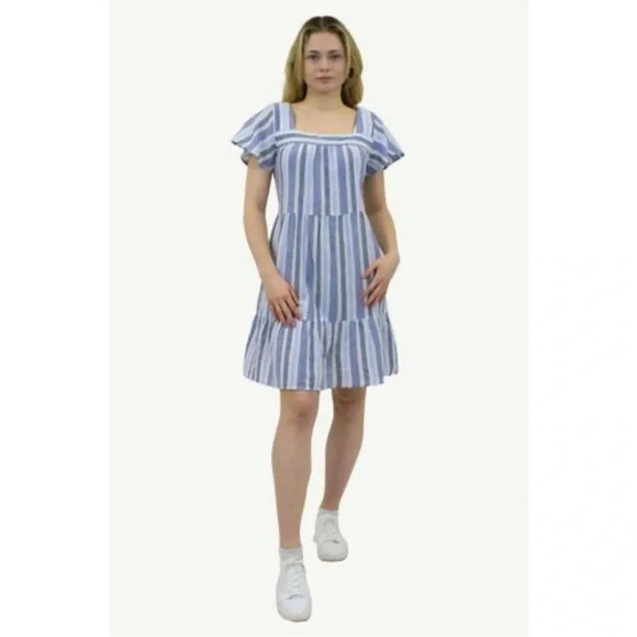 BeachLunchLounge Blue White Striped Linen Blend Tiered Short Sleeve Sundress - Picture 1 of 9